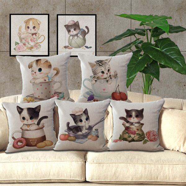 

cute teacup cat linen cotton pillow covers cushion cover decorative sofa cushion /home decor throw pillow case teacup cat pillow covers