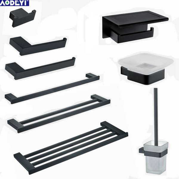 

bathroom hardware set 304 stainless steel black robe hook toothbrush holder paper holder towel bar bathroom accessories