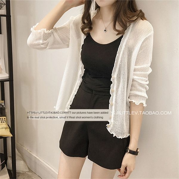 

breathable small coat women's summer sunscreen clothes long sleeve hollow autumn thin knitted cardigan air-conditioned shirt shawl air, White