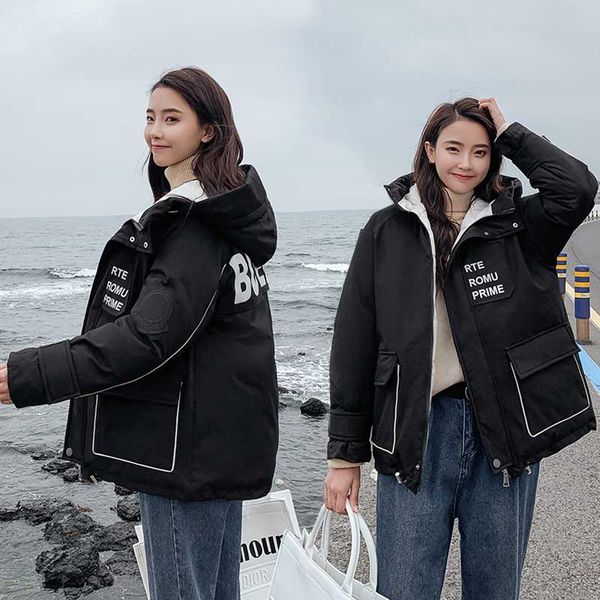 

chic ins hooded winter down coat jacket student warm casaco feminino abrigos mujer invierno cotton padded wadded parkas 12, Black