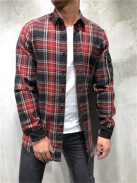 

plaid print mens designer shirts loose casual zipper pockets long sleeved lapel neck button shirts spring casual fashion mens shirts, White;black