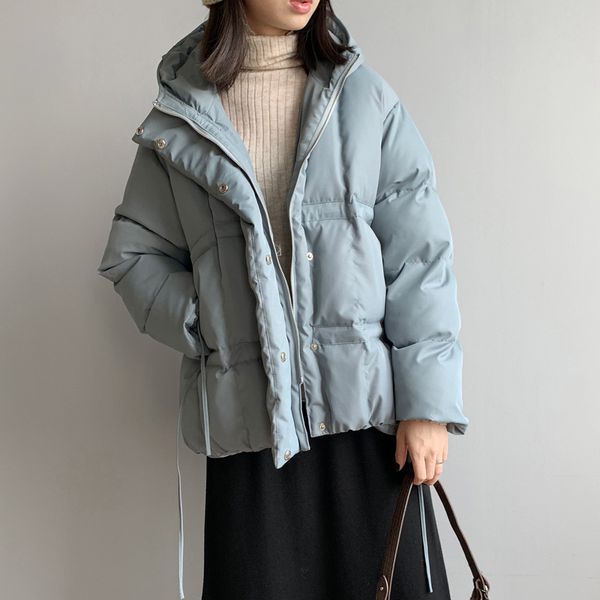 

hooded short loose fluffy light blue puffy parka women long sleeve outerwear casual female cotton coat cute girl winter clothing, Black