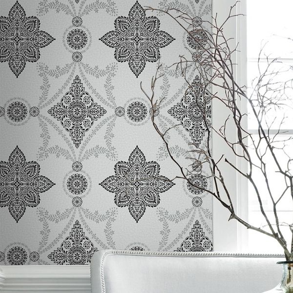 

светло-серые нетканый с черным бархатным европейского classic damask тисненой флок textured обои для украшения дома