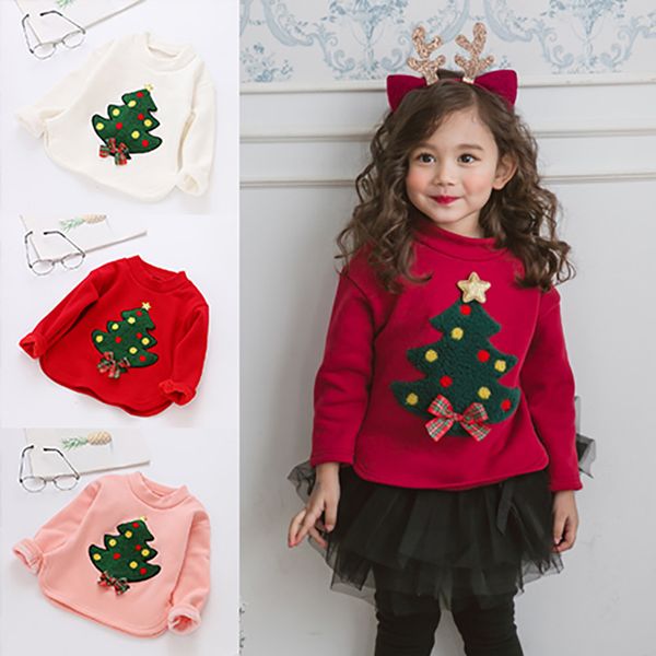 

for girls new cartoon christmas tree cotton winter kids plus velvet thicken t shirts for children girl cute bow warm t shirt, Blue