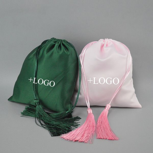 

20pcs silk tassel satin bag hair/extensions/bundles/wigs/makeup packaging bag custom print drawstring gift pouch
