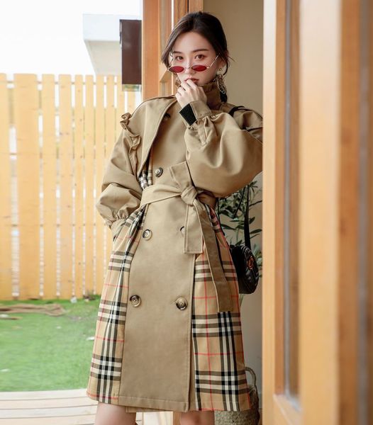 

autumn 19 vintage plaid high neck double breasted bubble sleeve long windbreaker coat plus size long coat trench for women, Tan;black