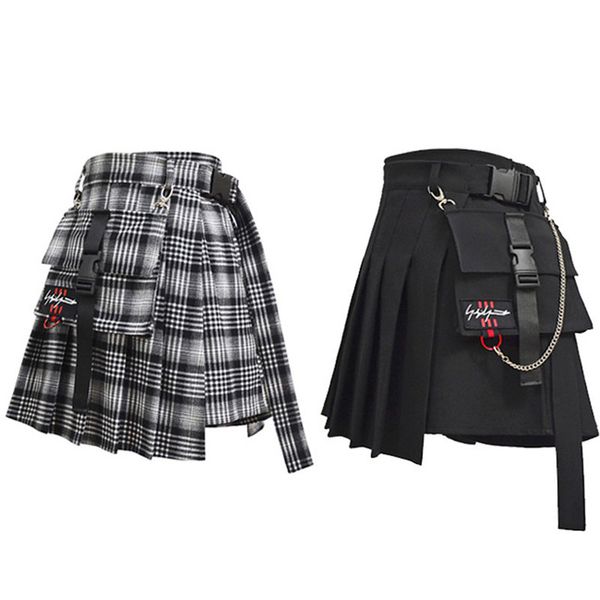 

adomoe women high waist shorts skirts with pocket japan harajuku hard girl vintage plaid irregular pleated fashion mini skirt, Black;gray