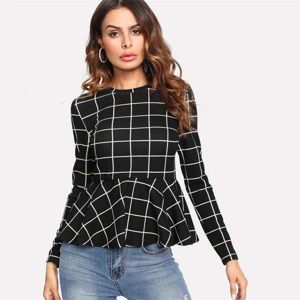

women blouses womens black plaid grid peplum ruffle blouse round neck fall women elegant office ladies sleeveless wear blouse, White