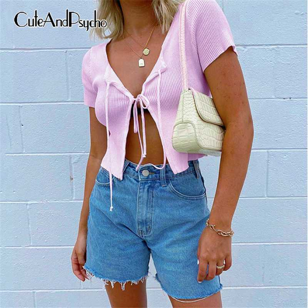 

lace-up tee-shirts for women summer solid basic causal fashion t-shirt streetwear short sleeves cotton shirts cuteandpsycho, White
