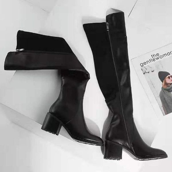 

qiu dong medium heel female boots round head leather boots side zipper fashionable dress overknee leather stretch, Black