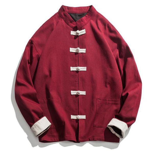 

men vintage stand collar button long sleeve loose casual single breasted male fashion outerwear, White;black