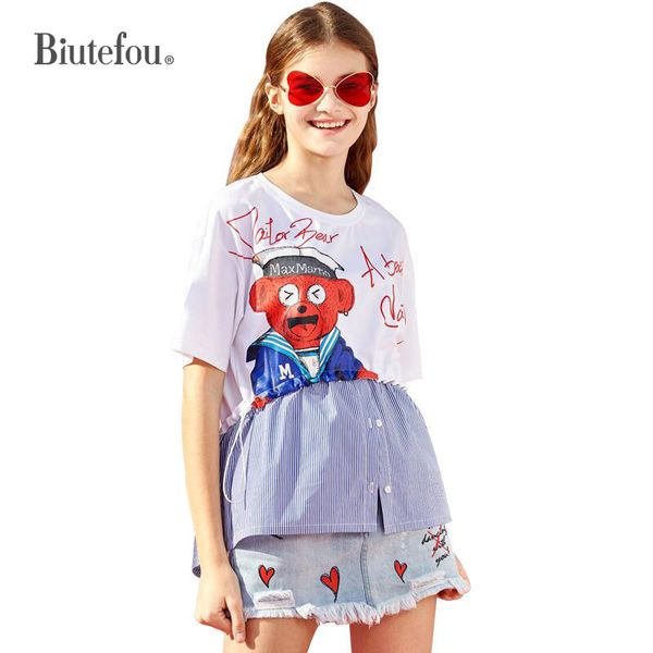 

2019 new arrival stripe patchwork summer t-shirts fashion cartoon print adjustable waist women t-shirts, White
