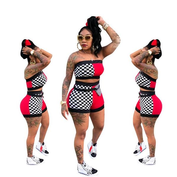 

plaid womens two piece shorts with sashes summer panelled skinny 2pcs causal sets new arrival, White