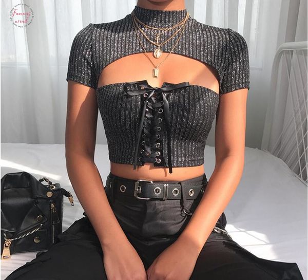 

women casual short sleeve glitter t shirt women bandage elegant t shirt ladies hollow out crop summer party clothing, White