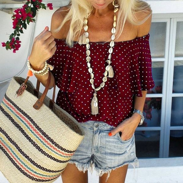 

2019 fashion woman blouse female's sleeve polka dot printed slash neck chiffon blouse short shirts camisa feminina clothing, White