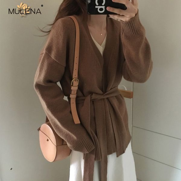 

mulena loose belt sweater women cardigans knitted solid v neck office lady cardigan coats casual cozy outerwear female autumn, White;black