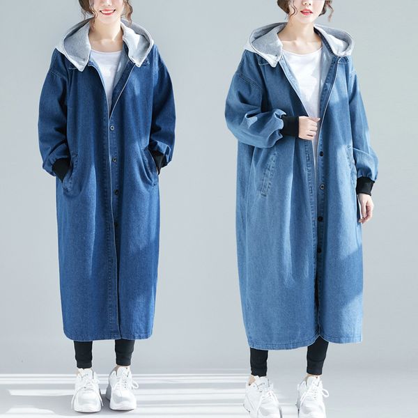 

women long jeans dust coat female single-breasted denim trench coat autumn winter woman oversized loose windbreaker outerwear, Tan;black