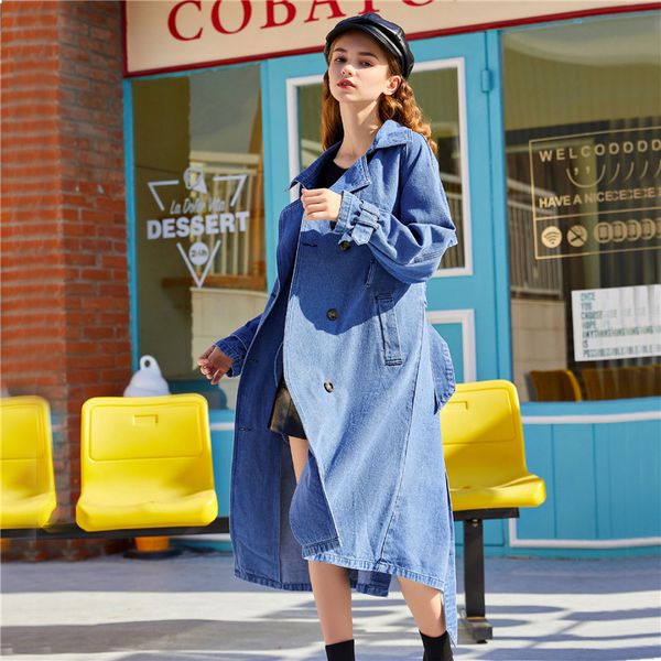 

women's trench coats autumn mid-length loose double breasted women denim windbreaker coat with belt plus size casual jaqueta jeans femi, Tan;black