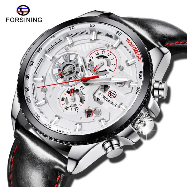 

forsining mechanical mens watches chronograph white dial men mechanical watch black leather strap male wristwatch, Slivery;brown