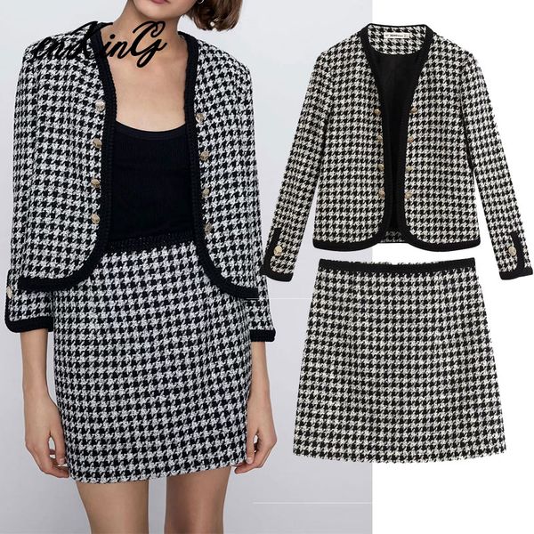 

2020 england vintage office lady simple elegant houndstooth blazer women jackets a-line mini skirt women faldas 2 pieces set, White;black