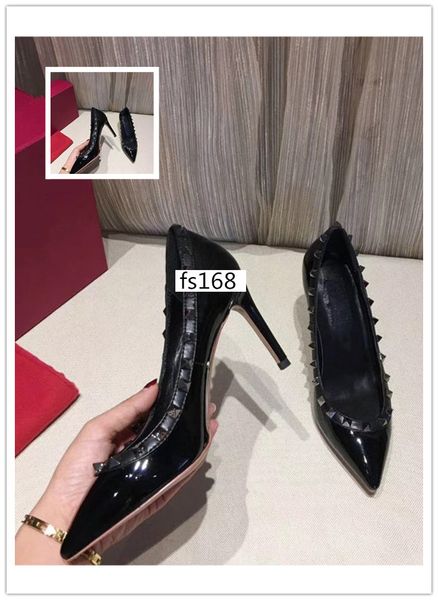 

luxury patent leather women pointed toe studs pumps rivet stiletto high-heeled shoes 8.5cm with box, Black