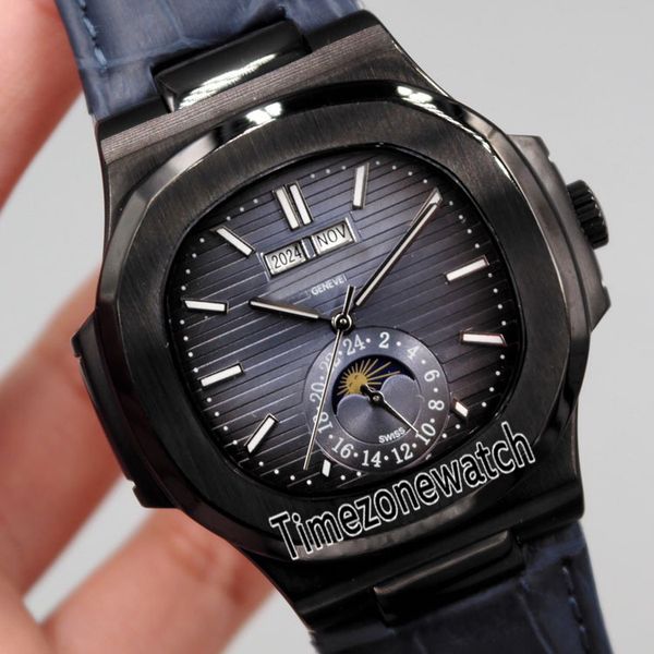 

новый nautilus 5726/1 pvd черная сталь d-синий текстура циферблат вечный календарь фаза луны автоматические мужские часы синий кожаный часов, Slivery;brown