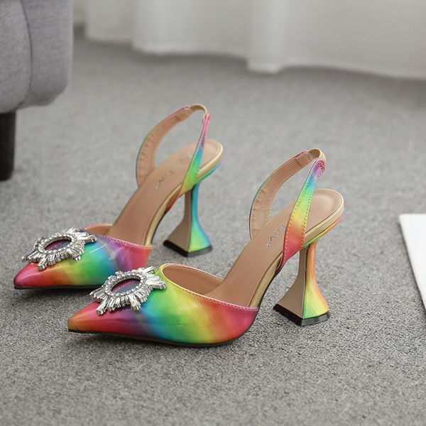 

luxury crystal pumps women strange heels slides shallow pointed toe sandals mixed color slip on slingback high heel shoes, Black