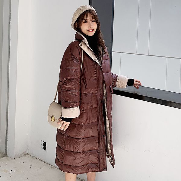 

new winter cotton women korean of the casual collar collar cotton jacket coat shiny women's long over the knee coat y112, Black
