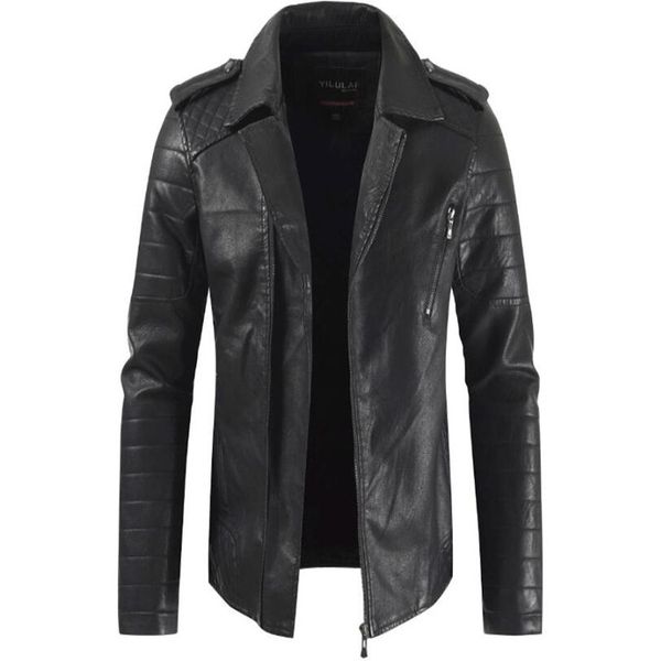 

мужская новая осень / зима 2019 костюм воротник утолщенной молния кожаный пиджак длинный рукав пальто, Black