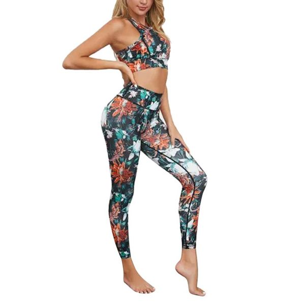 

2 piece women's yoga set sportswear tracksuit vest crop leggings floral print stretch yoga jogging gym set fitness outfit, White;red