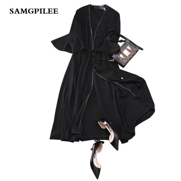 

2019 new arrivals spring samgpilee casual knitted three quarter sleeve long v-neck belt slim solid fashion women trench l-3xl, Tan;black