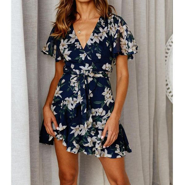 

summer fashion women's chiffon v-neck floral print short sleeve party holiday beach mini sundress, Black;gray