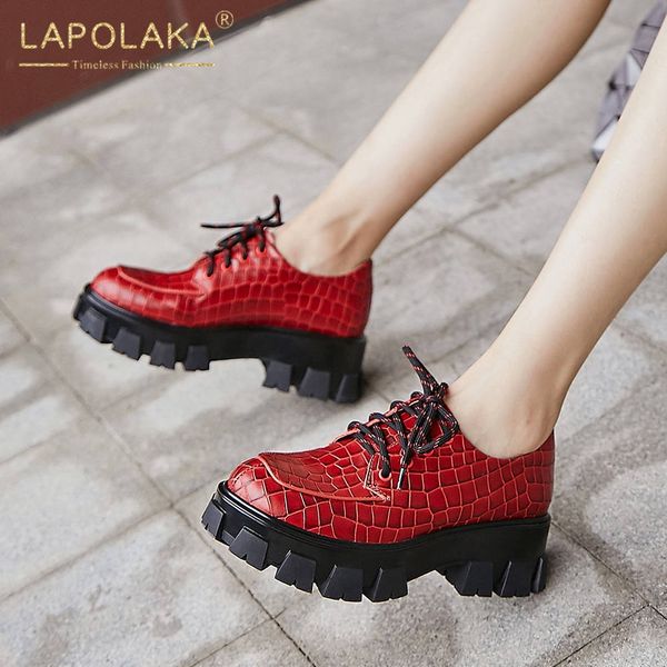 

lapolaka genuine cow leather new fashion 2019 lace up shoes woman pumps female platform black red pumps women shoes