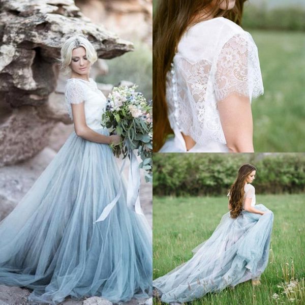 

light blue fairy beach boho wedding dresses high-neck a line soft tulle cap sleeves backless plus size bohemian bridal gown ba4363, White