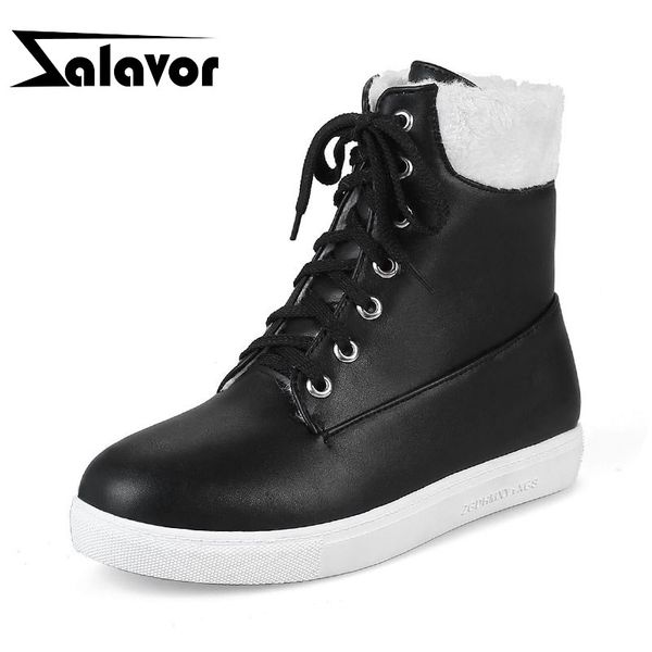 

zalavor women flats boots winter keep warm casual lace up ankle boots new fashion add plush fur daily shoes women size 33-43, Black