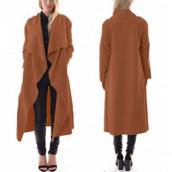 Moda-Toptan-Şık Kadınlar Lady Rahat Hırka Katı Uzun Kollu X-Uzun Şelale Coat Dış Giyim 2 Renk