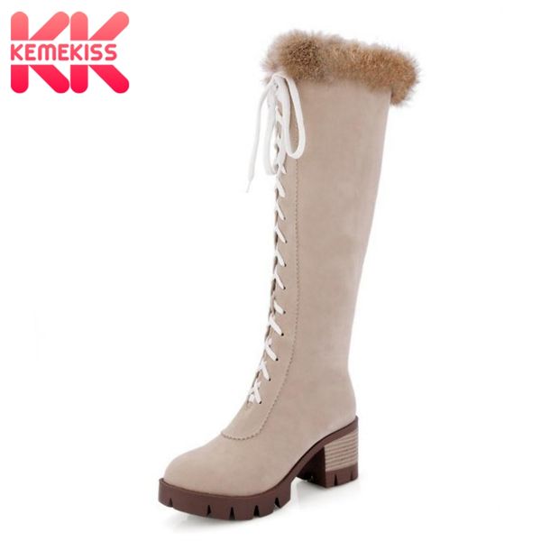 

kemekiss women platform knee high boots winter warm fur women's shoes fashion lace up round toe high heels boots size 34-43, Black