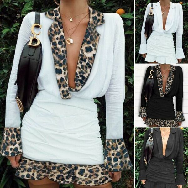 

women deep v neck lapel long sleeve dress ruffle cuff short solid leopard dresses casual fashion, Black;gray
