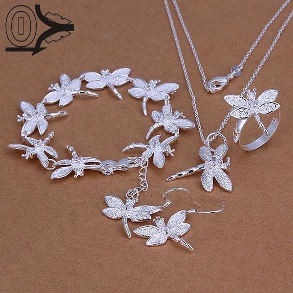 

wholesale silver plated jewelry set,bridal party sets,simple inlaid stone dragonfly silver necklace bracelet ring earring, Slivery;golden