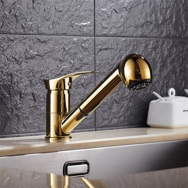 Gold Pull Out Kitchen Sink Faucet Swivel Spout One Hole Handle 2