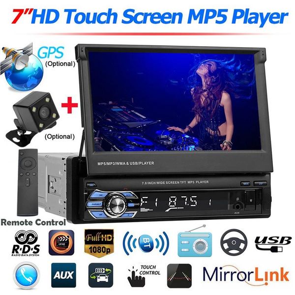 

7" rds car radio mp5 player stereo radio 1din cassette player touch screen usb bluetooth receiver retractable automagnitol car dvd