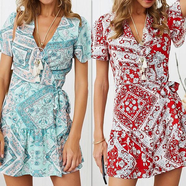 

women's new casual short sleeve print dress in spring and summer wear dress for beach, Black;gray