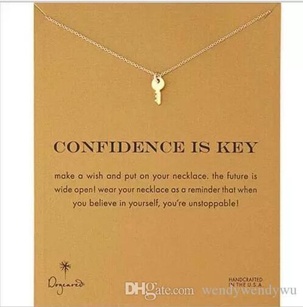 

dogeared necklace with key(confidence is key), silver and gold color, no fade, and