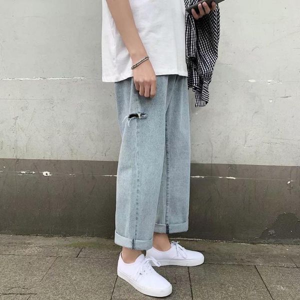 

men's jeans bxyichen original light-colored hole straight tube loose trend thin section wild tide brand long pants, Blue