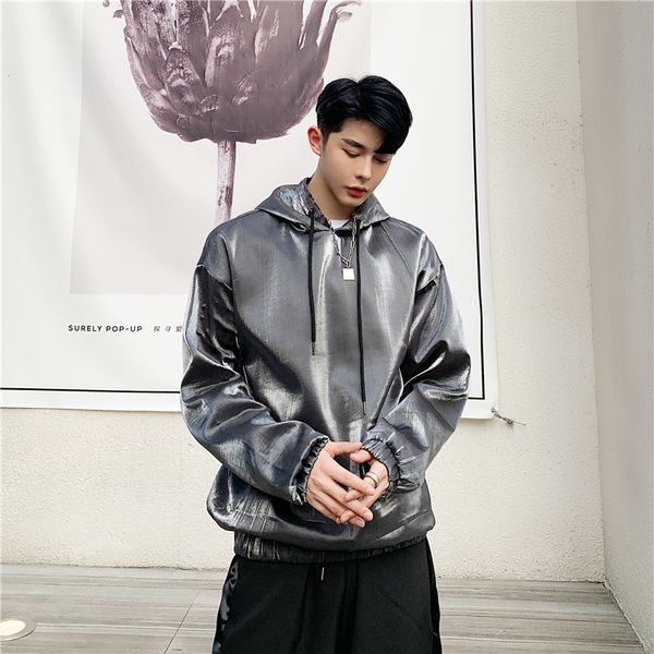 

men outerwear autumn loose casual bright shining hooded sweatshirt male women streetwear hip hop punk stage pullover hoodie, Black