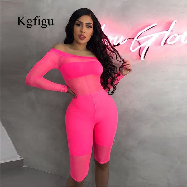 

kgfigu long sleeve romper 2019 summer slash neck neon pink green mesh palysuits hollow out shorts feminino 3 pics tracksuit, Black;white