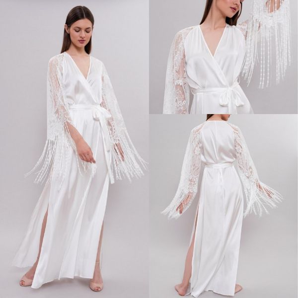 2019 White Bridal Bathrobe Full Length Lingerie Nightgown Pajamas Sleepwear Tassel Luxury Dressing Gowns Housecoat Nightwear Lounge Wear From