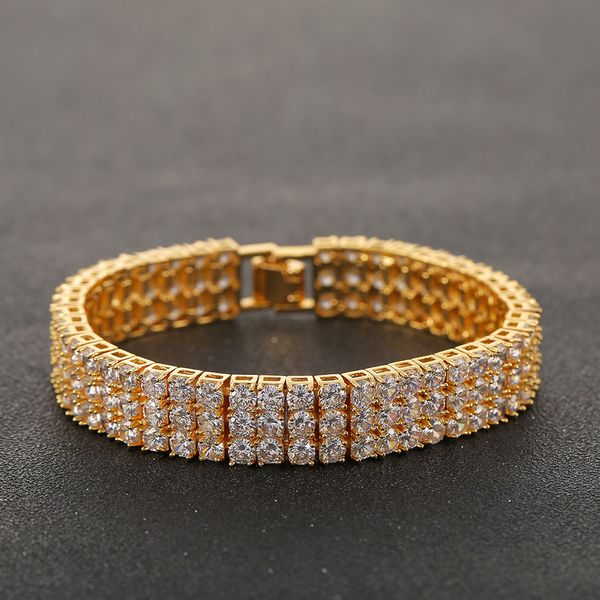 Atacado Corrente de Tênis Hip Hop 3 Linhas Ouro Prata Zircônia Cúbica Iced Out Pulseira CZ Stones