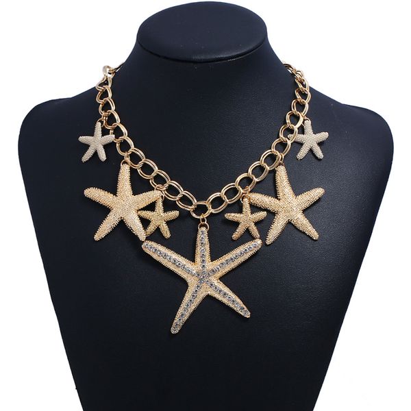 

2018 new design summer style fashion jewelry vintage statement necklace chunky starfish alloy choker necklace collier femme, Golden;silver