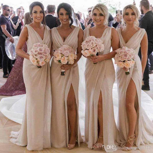 

elegant v-neck sleeveless long bridesmaid dresses side slit ruffles chiffon wedding guest dress floor length maid of honor gowns, White;pink